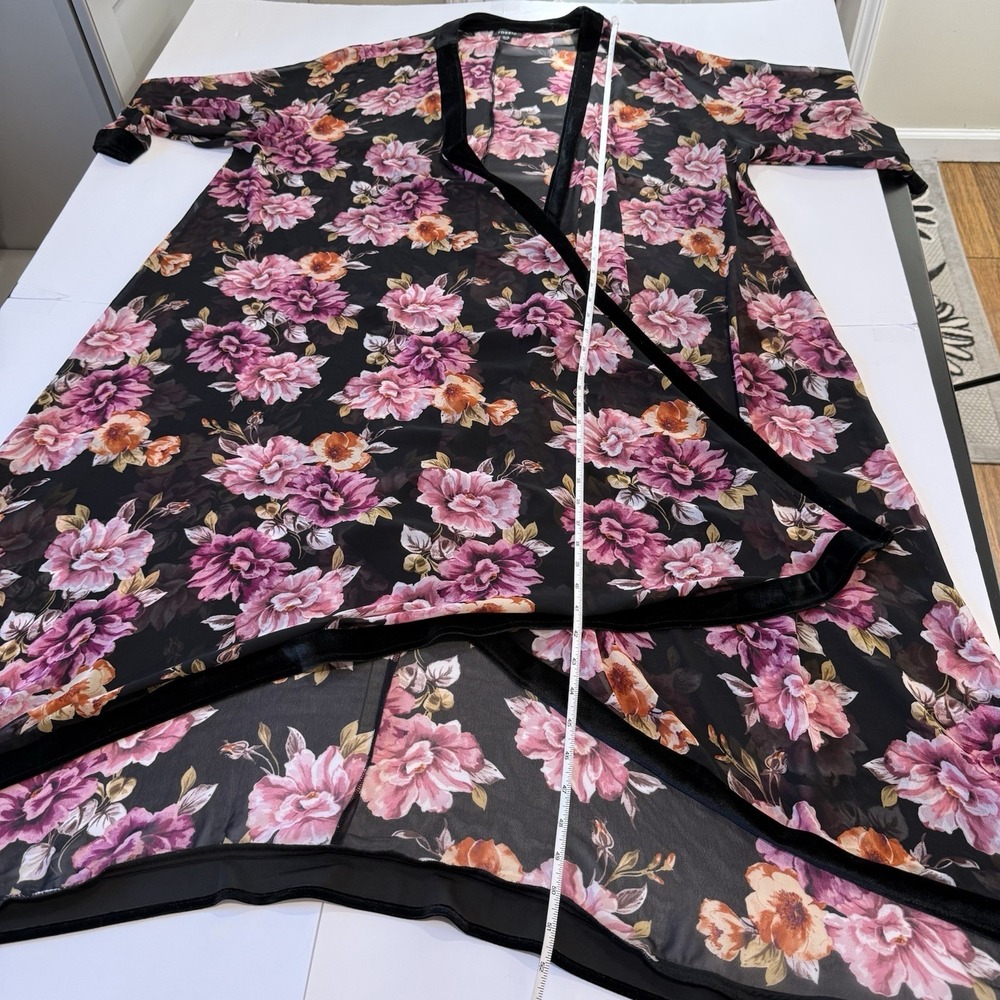 Torrid Pink Floral Black Velvet‎ Trim Chiffon Duster Open Kimono Boho Layers 4X - Picture 8 of 9